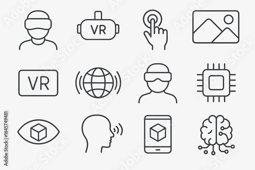 Virtual reality icons set – VR technology, immersive experience, gaming and simulation, simple line style
