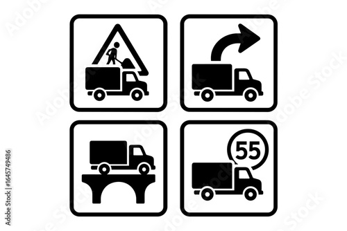 Truck road icons set – transportation routes, cargo delivery, logistics network, simple line style