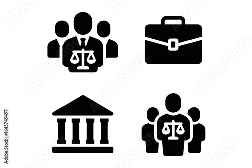 Legal team icons set – law firm, justice system, legal services, teamwork concept, simple line style