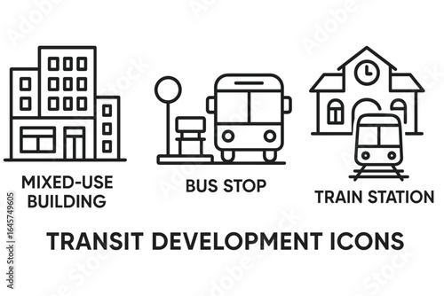 Transit zone icons set – airport transfer, travel connections, transportation hubs, simple line style