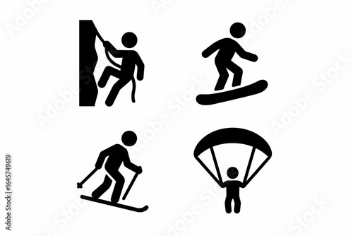 Mountain sports icons set – outdoor adventure, alpine activities, extreme sports, simple line style