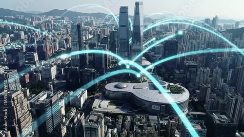 Modern cityscape with vibrant digital network connections illustrating global communication and data flow.