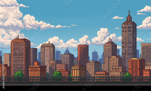 8-bit pixel art game level background. silhouette city skyline. side scrolling game. blue sky. simple game map template. 2D retro video game style. pixelated vector graphics.