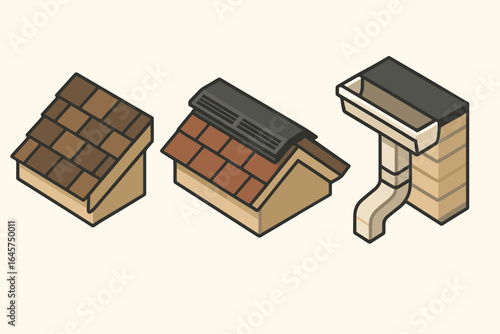 Roof Construction and Gutter System Icons Set