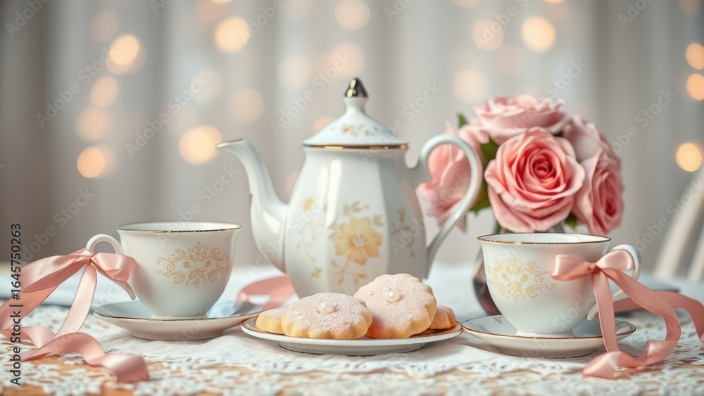 Fototapeta premium Elegant afternoon tea. A classic tea set with pink roses and cookies arranged for an elegant afternoon tea party.