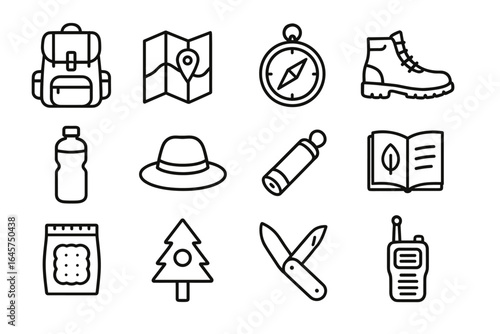 Essential camping gear: backpack, map, compass, boots, hat, flashlight, knife