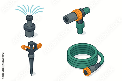 Garden irrigation icons set – watering system, lawn care, gardening tools, simple line style