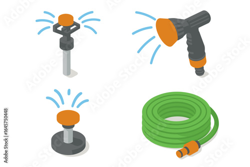 Garden irrigation icons set – watering system, lawn care, gardening tools, simple line style