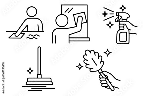 Home cleaning icons set – housekeeping tools, hygiene supplies, domestic chores, simple line style