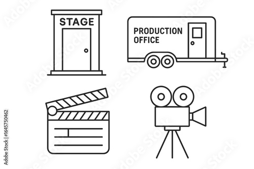 Studio icon set – creative workspace, audio recording, photography and film production, simple line style