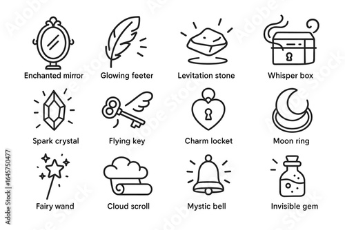 Magical items: enchanted mirror, levitation stone, invisible gem, fairy wand, mystic bell