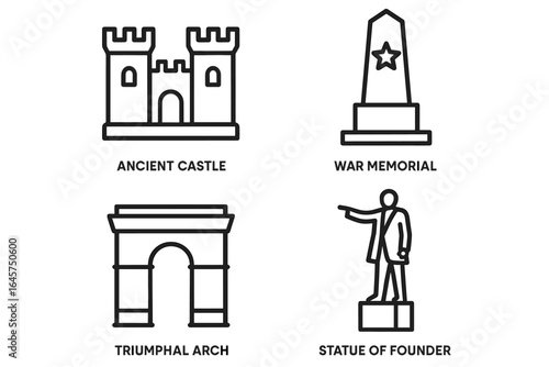 Historic monuments icons set – world heritage, ancient landmarks, cultural architecture, simple line style