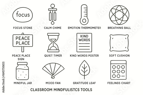 Classroom mindfulness tools: breathing ball, calm chime, emotion thermometer, focus stone
