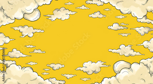 Cartoon sky background with fluffy clouds and vibrant yellow sunshine perfect for design projects