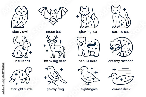 Cosmic animal collection: starry owl, moon bat, glowing fox, and more magical creatures