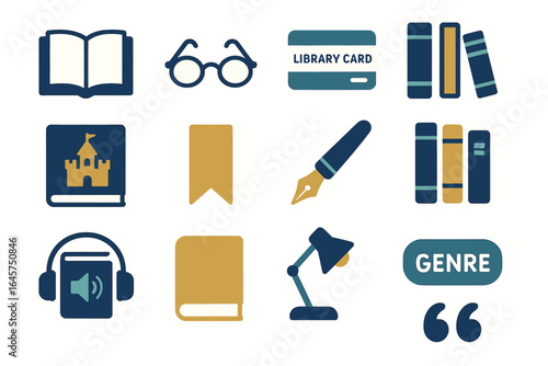 Library icons: books, glasses, card, bookmark, fountain pen, headphones, lamp, genre