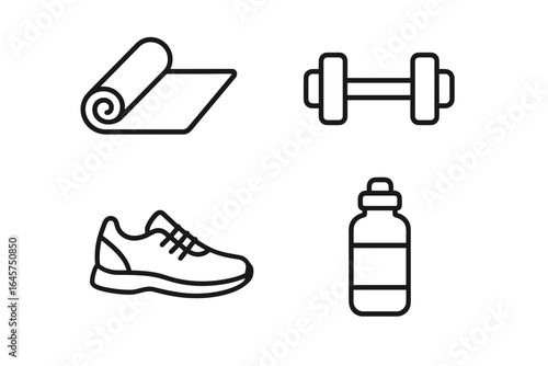 Morning workout icons set – fitness routine, exercise motivation, healthy lifestyle, simple line style