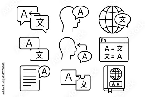 Language icon set – translation, communication, multilingual learning, education symbols, simple line style