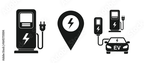 electric vehicle charging stations, a charging plug, and a location pin with a lightning bolt symbol, representing EV infrastructure.
