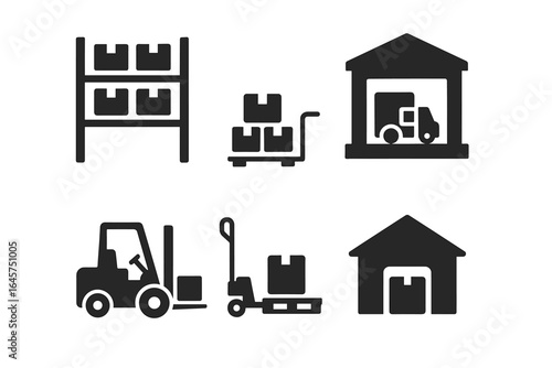 Warehouse icons collection – logistics storage, inventory management, supply chain, simple line style