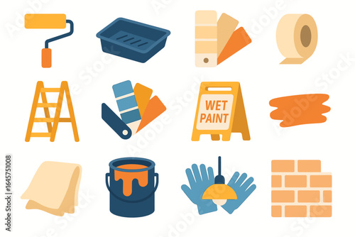 Painting tools and supplies collection: roller, ladder, paint chips, wet paint sign
