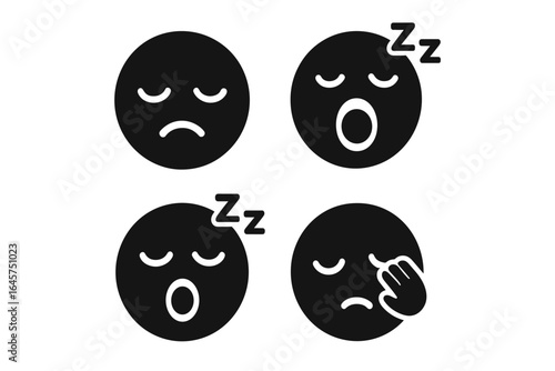Sleepy face icons set – tired expressions, rest and relaxation, bedtime emotions, simple line style