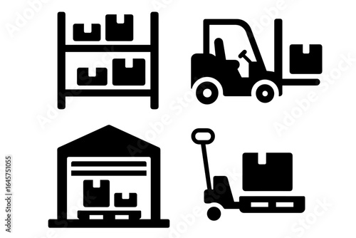 Warehouse icon set – logistics storage, inventory management, supply chain symbols, simple line style