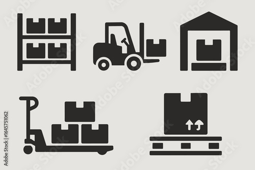 Warehouse icon set – logistics storage, inventory management, supply chain symbols, simple line style