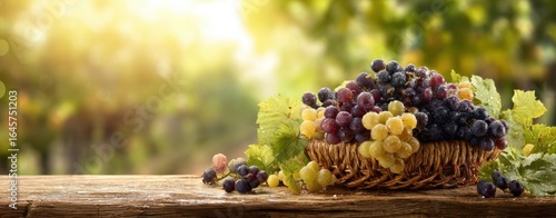 The Basket of Grapes on a Rustic Wooden Table in Sunlight