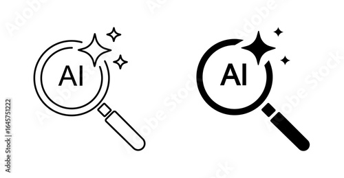 Artificial Intelligence Search Icon Set – Filled Magnifying Glass with Sparkles, Technology Symbols