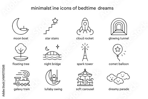 Minimalist line icons of bedtime dreams: moon boat, star stairs, cloud rocket