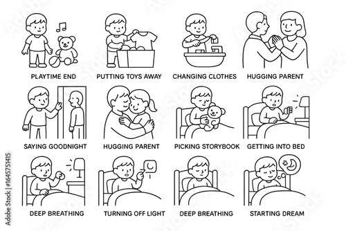 Caucasian child bedtime routine: playtime, hugging parent, storybook, sleep