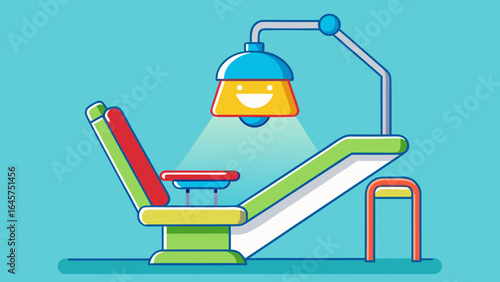 Cartoon dental chair with bright colors and smiling light above  