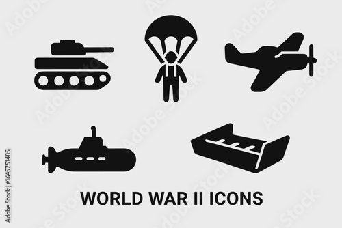 WWII operations icons set – historical battles, military strategy, war map symbols, simple line style