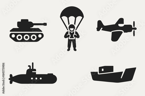 WWII operations icons set – historical battles, military strategy, war map symbols, simple line style
