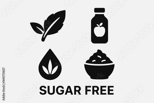 Sugar-free icons set – healthy nutrition, diet labels, food packaging symbols, simple line style