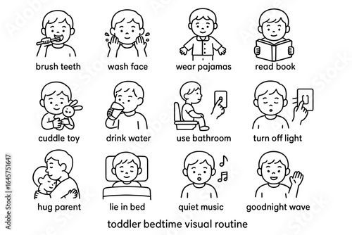 Toddler bedtime routine with cute cartoon images for daily activities