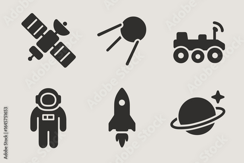Space icons collection – astronomy, cosmic exploration, planets, satellites, simple line style