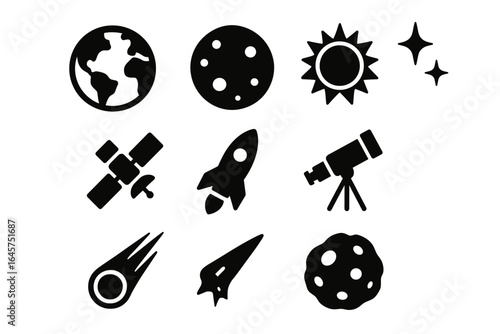 Space icons collection – astronomy, cosmic exploration, planets, satellites, simple line style