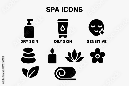 Spa essentials icons set – wellness, relaxation, beauty therapy, aromatherapy, simple line style