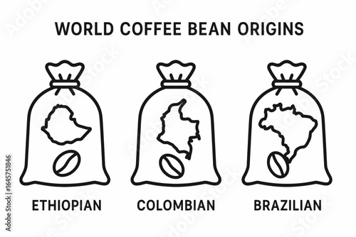 World coffee bean origins icons set – global coffee regions, arabica and robusta varieties, simple line style