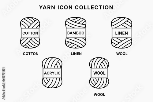 Yarn icon variety set – knitting materials, crochet tools, textile crafting symbols, simple line style