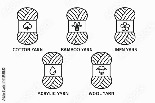 Yarn icon variety set – knitting materials, crochet tools, textile crafting symbols, simple line style