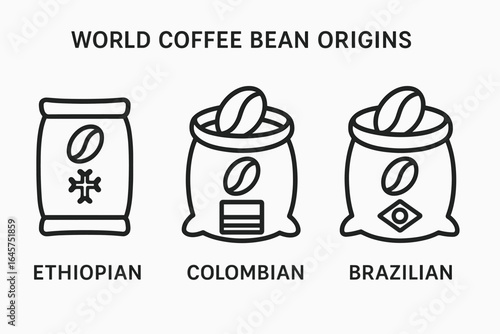 World coffee bean origins icons set – global coffee regions, arabica and robusta varieties, simple line style