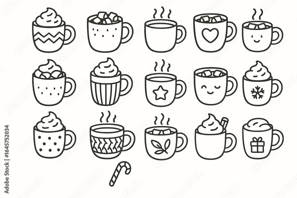 Obraz premium Set of cute hand-drawn hot chocolate cups with marshmallows and whipped cream