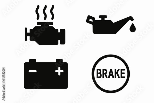 Vehicle warning icons set – car dashboard alerts, safety indicators, maintenance symbols, simple line style