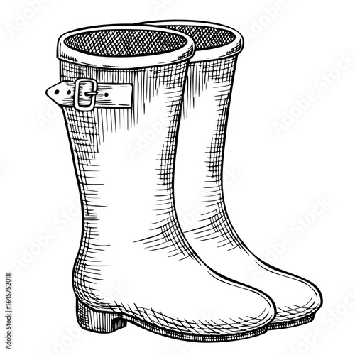 Vector Illustration of Rain Rubber Boots. Hand Drawn Garden Footwear painted by black inks. Linear drawing of gardening wet. Outline sketch of rustic gumboot for farming design or harvest festival.