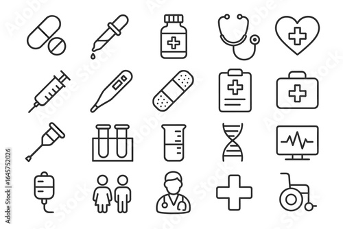 Medical icons set – healthcare, hospital equipment, treatment symbols, simple line style