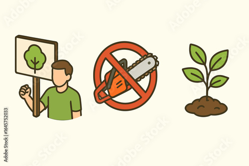 Tree activism icons set – environmental protection, nature conservation, reforestation, simple line style