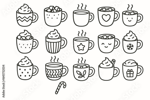 Set of cute hand-drawn hot chocolate cups with marshmallows and whipped cream